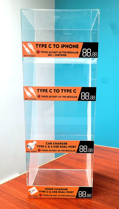 4 Tier Clean Acrylic Rack for Max Power Cable & Charger with Sticker (21x22x65cm)